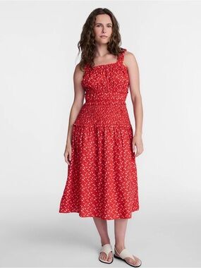 Red floral smocked waist ruffle dress